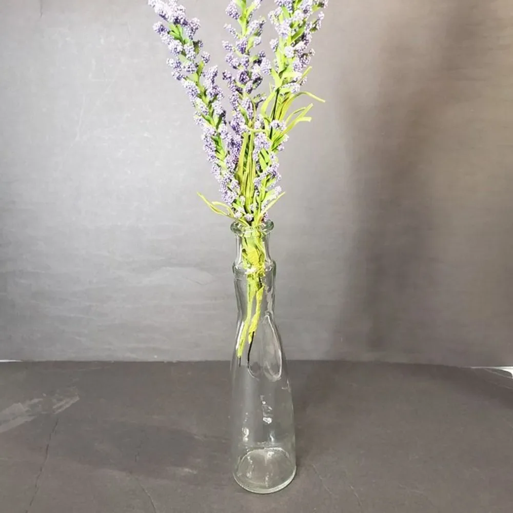 Artificial Lavender Stems in Tall Clear Glass Vase Farmhouse Decor Purple Floral